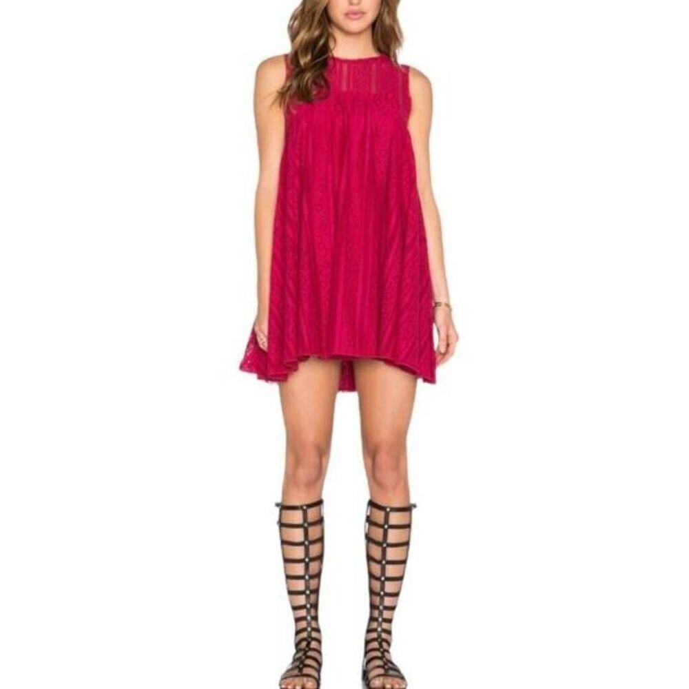 Free People Tu Es La Lace Mini Dress L Red Swing Babydoll Trapeze Lace Yoke Boho